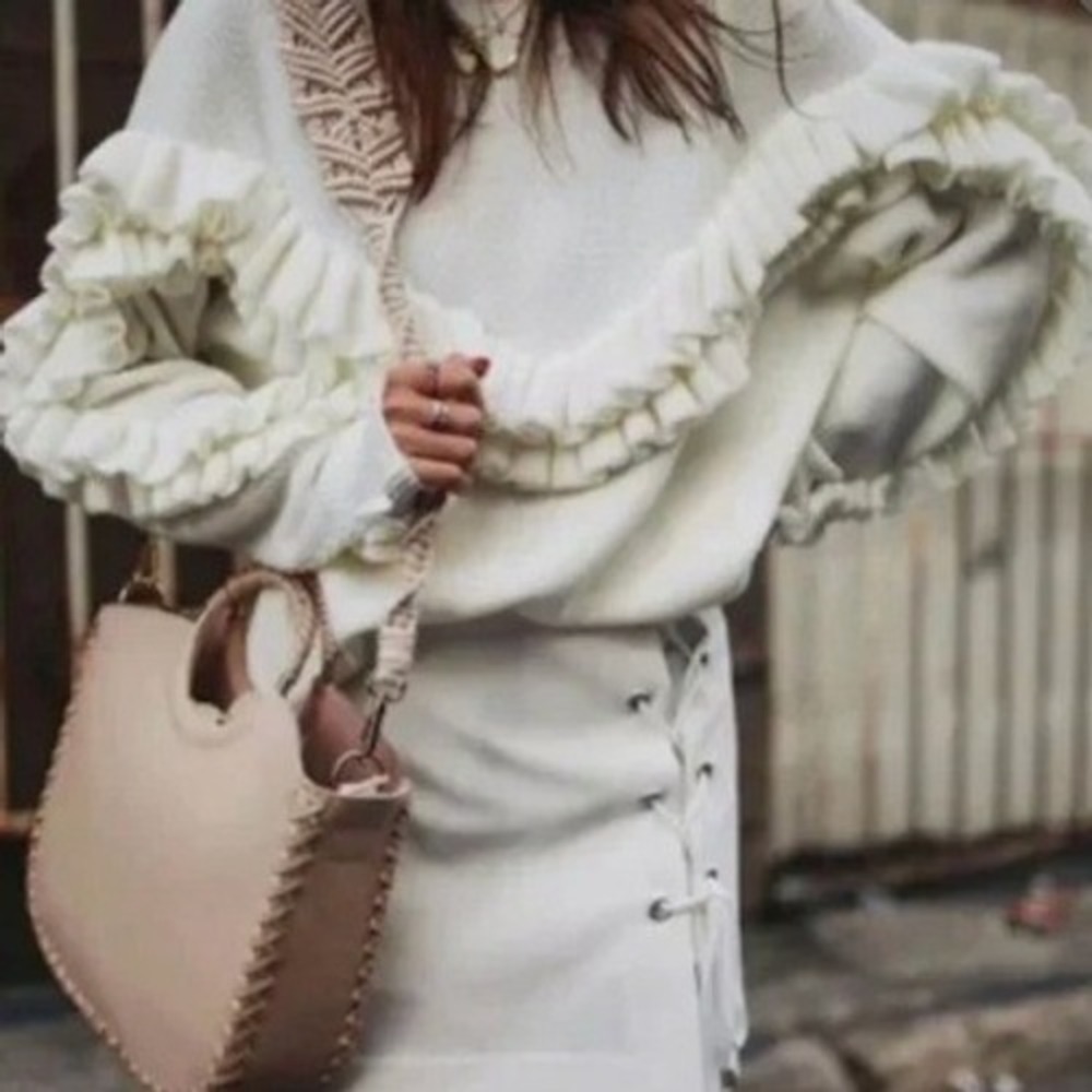 FRAME Ivory Ruffle Trim Knit Sweater Women's XS Merino Wool‎ Blend